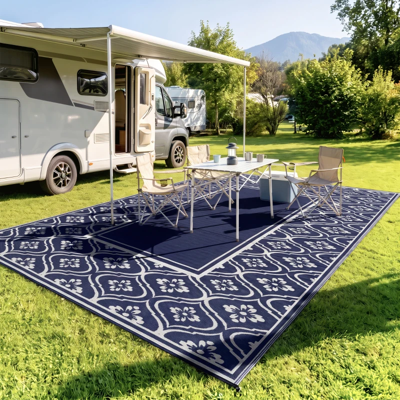 Outsunny 9' x 18' Outdoor RV Rug, Reversible Patio Floor Mat with Carry Bag, Gourd Border, Blue and White