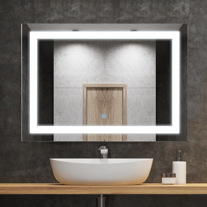 HOMCOM 28" x 20'' LED Illuminated Bathroom Mirror, Wall Mounted Vanity Mirror with Dimmable Memory Touch, Waterproof, Horizontally or Vertically, Silver