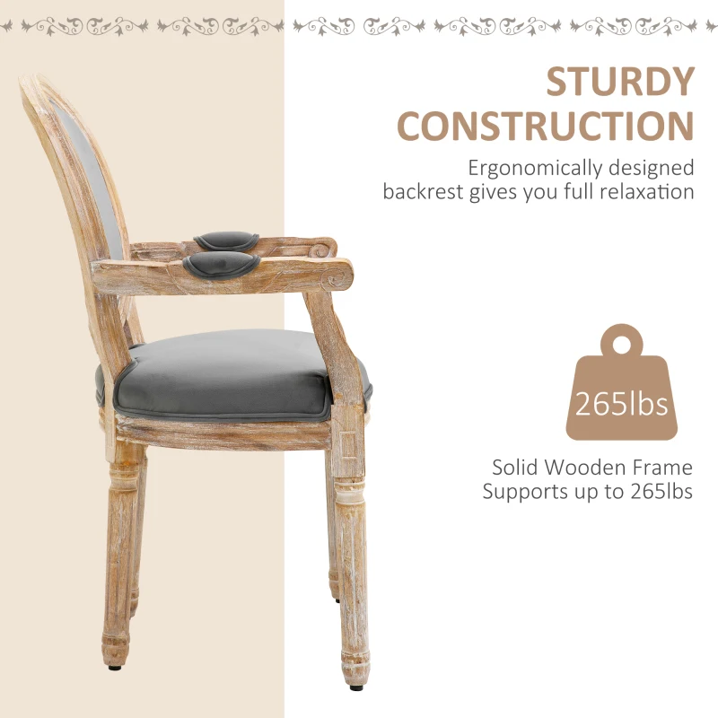 HOMCOM Vintage Dining Chair with Round Back, Thick Sponge Padded Seat and Section Armrest with Wood Frame, Gray