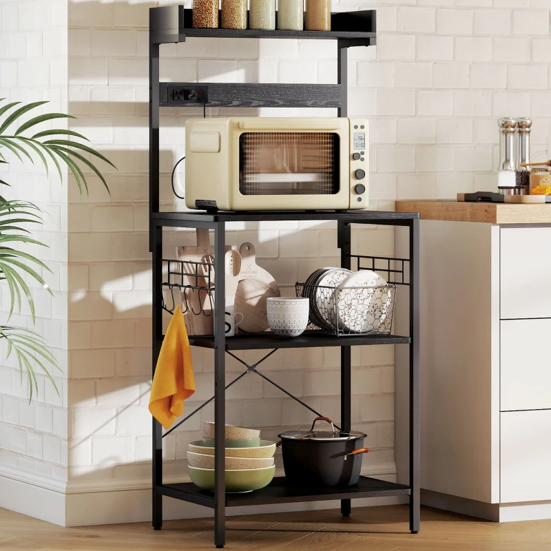 HOMCOM Kitchen Baker's Rack with Power Outlet, Coffee Bar Station with Adjustable Shelves and Hooks, Distressed Black