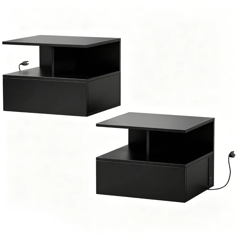 HOMCOM Floating Nightstand Set of 2, Wall Mounted Bedside Table with with Power Outlets, Drawer and Shelf, Black