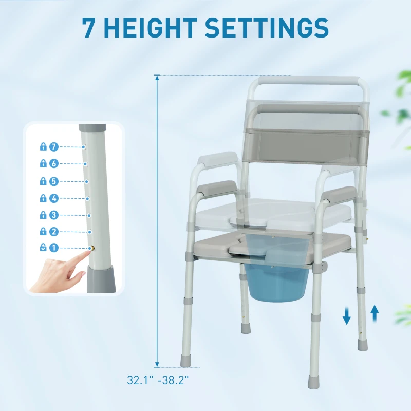 HOMCOM Bedside Commode Chair for Seniors, Adults, Handicap, Raised Toilet Seat with Arm, Adjustable Height, 331 lbs, Gray