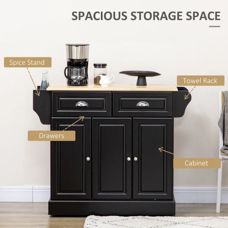 HOMCOM Triple-Cabinet Kitchen Island on Wheels, Kitchen Storage Cabinet with Drawers, Rolling Utility Cart Black