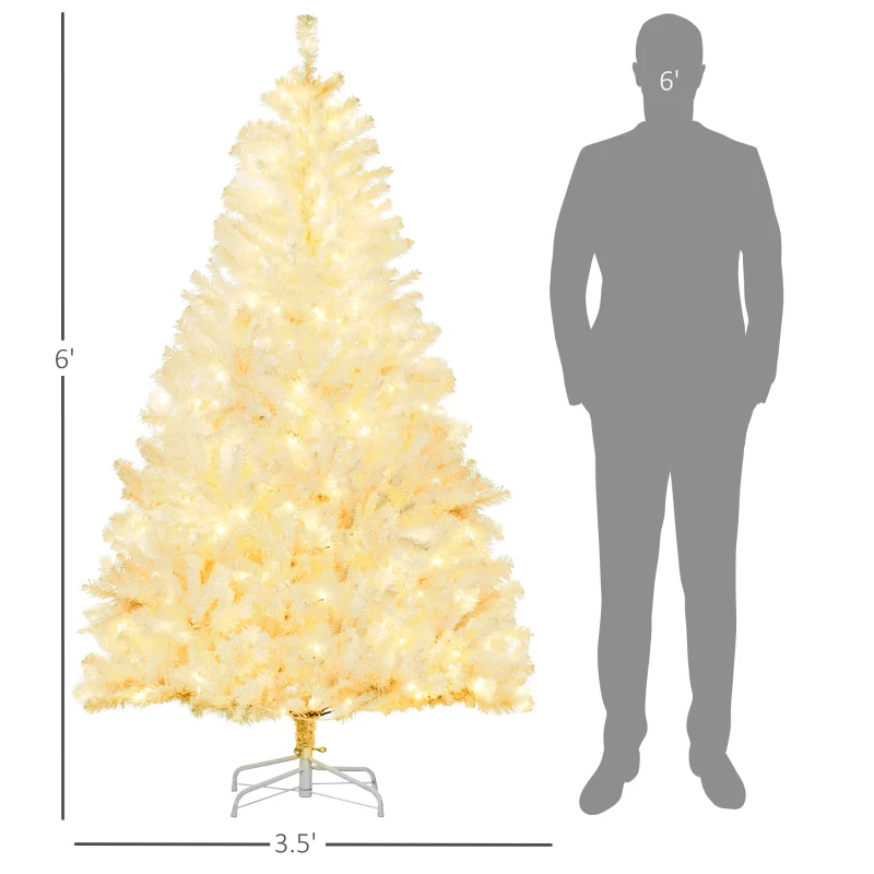 HOMCOM 6' Prelit Artificial White Christmas Trees Home Decor, with Warm White LED Lights, Auto Open, Steel Base
