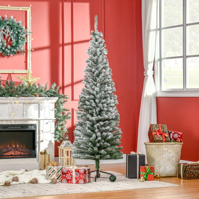 HOMCOM 6ft Flocked Christmas Tree, Pencil Artificial Xmas Tree with Faux Snow, Dense Branches, Foldable Metal Base for Indoor Holiday Decor