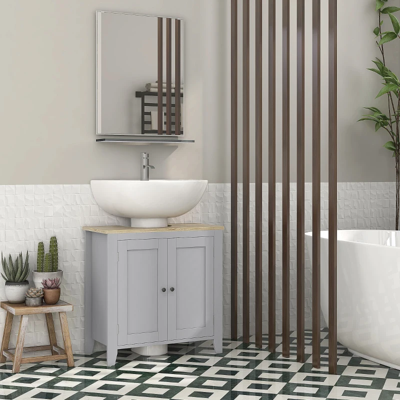 kleankin Bathroom Vanities, Pedestal Sink Cabinet with U-Shaped Cut-out and Adjustable Shelf, Gray