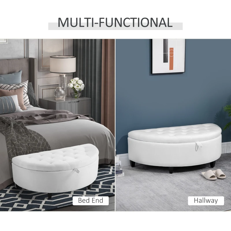 HOMCOM Half Moon Storage Ottoman, Upholstered Button Tufted Storage Bench with Lift Lid and Wood Legs, for Living Room, Entryway, White