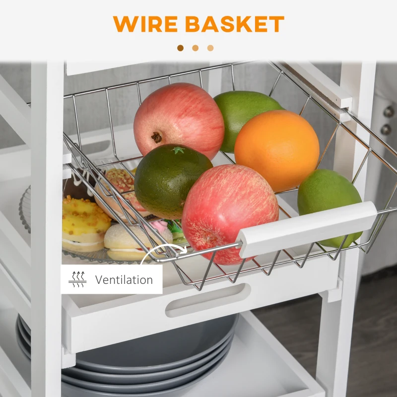 HOMCOM Rolling Kitchen Island Cart, Mobile Utility Storage Cart with Drawer, Wire Storage Basket, Removable Tray, White