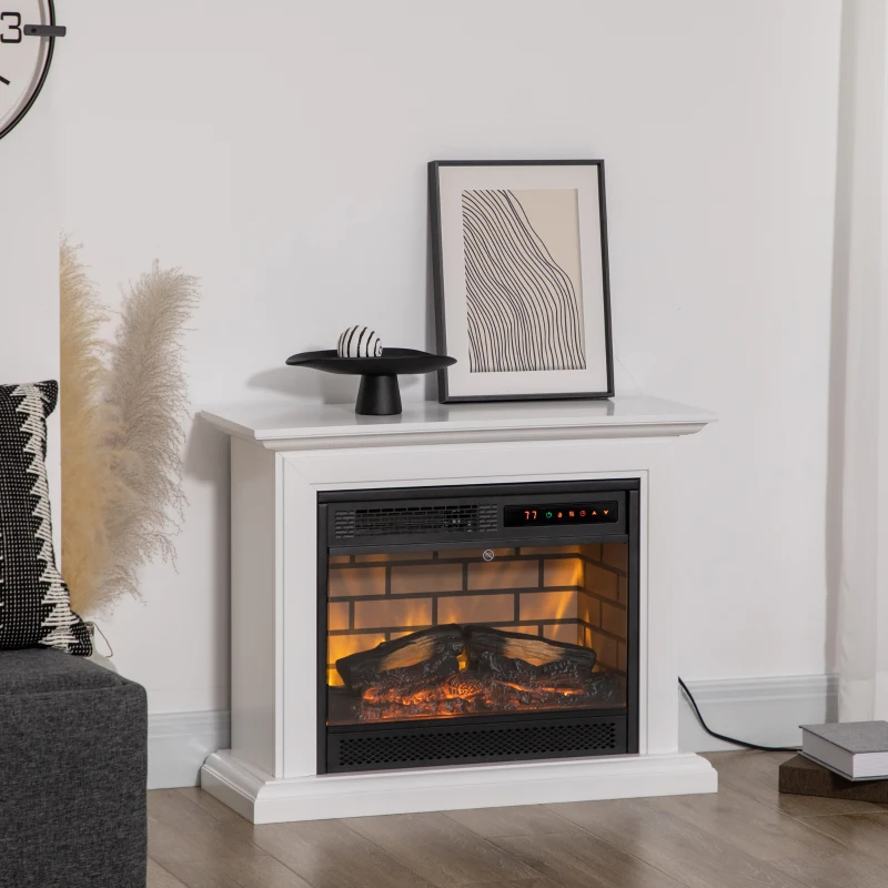 HOMCOM 31" Electric Fireplace with Dimmable Flame Effect and Mantel, Freestanding Space Heater with Log Hearth and Remote Control, 1400W, White