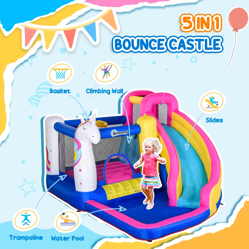 Outsunny Inflatable Water Slide Bounce House with Trampoline, Climbing Wall, Water Cannon, Basketball Hoop, Splash Pool, 450W Blower, Unicorn Themed Bouncy House for Kids 3-8 Years Old