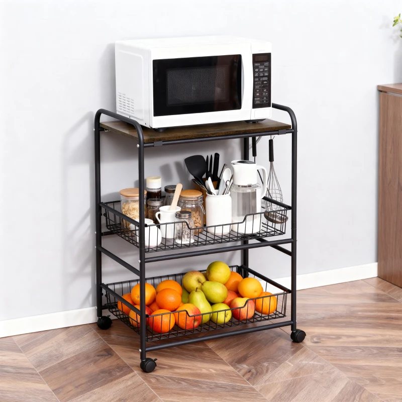 HOMCOM 3 Tier Kitchen Cart with Storage, Rolling Kitchen Island Cart with 2 Sliding Fruit Basket and Side Hooks for Dining Room, Rustic Brown