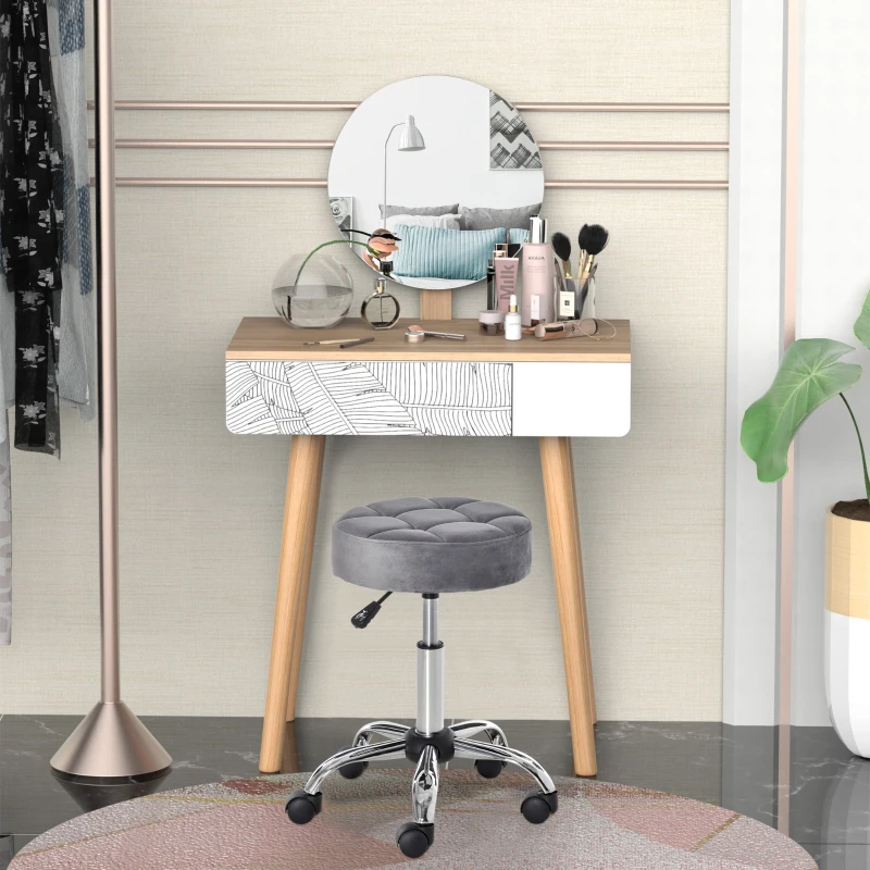 HOMCOM Round Rolling Stool, Height Adjustable Vanity Chair, Upholstery Office Chair with Swivel Seat and Wheels, Grey
