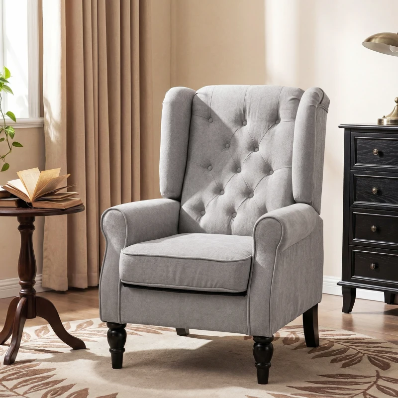 HOMCOM Mid-Century Modern Accent Chair, High Wingback Reading Chair, Button-Tufted Upholstered Fabric Armchair with Retro Wood Legs for Apartment, Living Room, Bedroom, Gray
