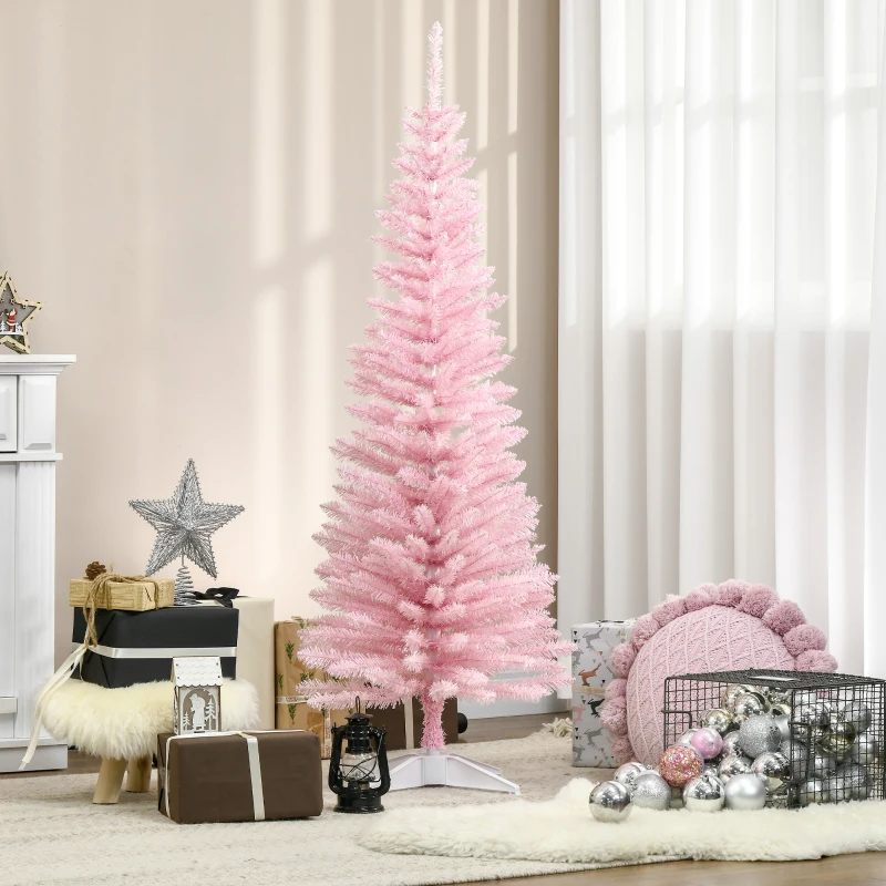 HOMCOM 5' Artificial Pencil Christmas Tree, Slim Xmas Tree with 294 Realistic Branch Tips and Plastic Stand, Pink
