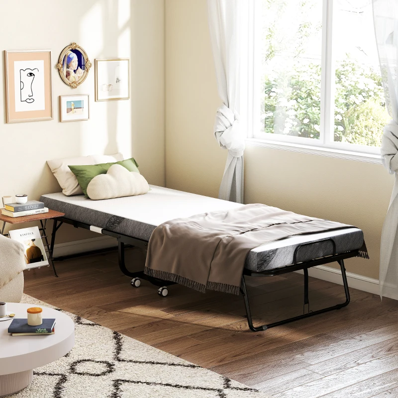 HOMCOM Folding Bed with Mattress for Adults, Single Size, Portable Foldable Bed with Super Strong Steel Frame, 78.75" x 31.5", Fold Up, Roll Away & Hideaway, White