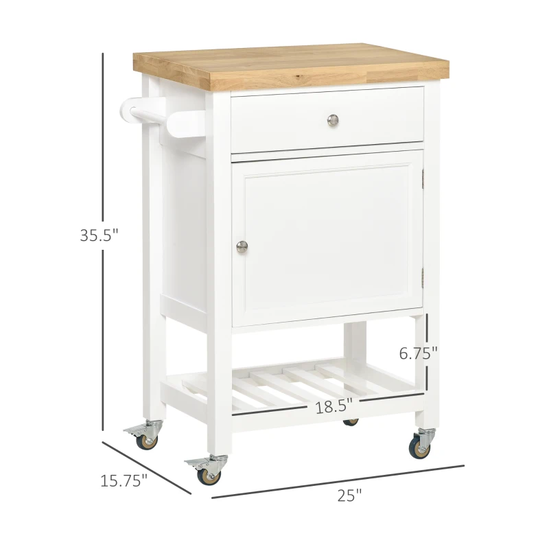 HOMCOM Utility Kitchen Cart, Rolling Kitchen Island with Smooth Rubberwood Top, Narrow Butcher Block Surface on Wheels with Storage Drawer & Cabinet, White