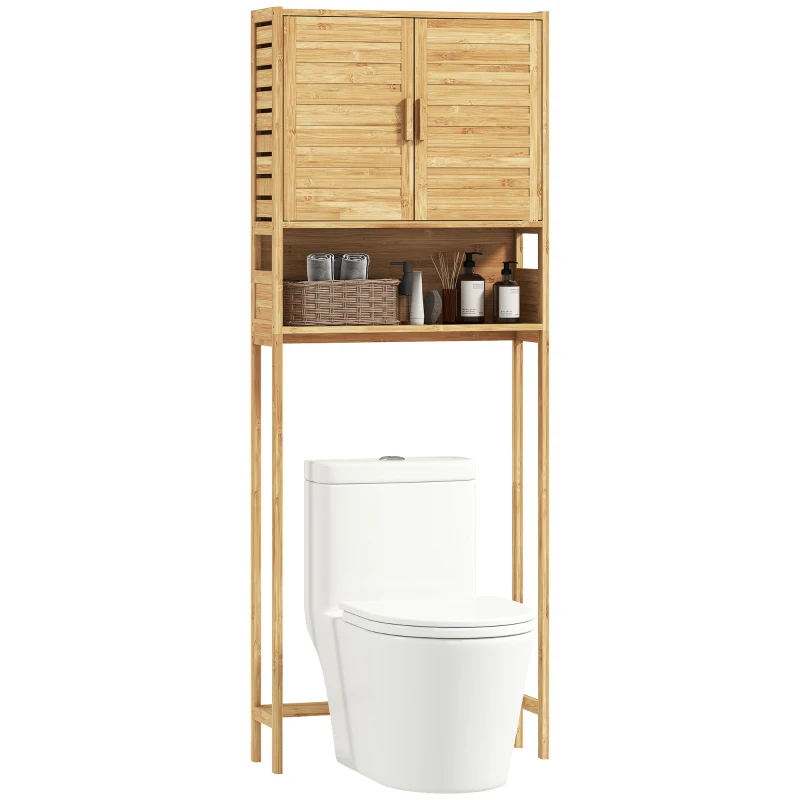 HOMCOM Over the Toilet Cabinet, Bathroom Organizer with 2 Doors, Open Compartment and Adjustable Shelf, Natural Wood Finish