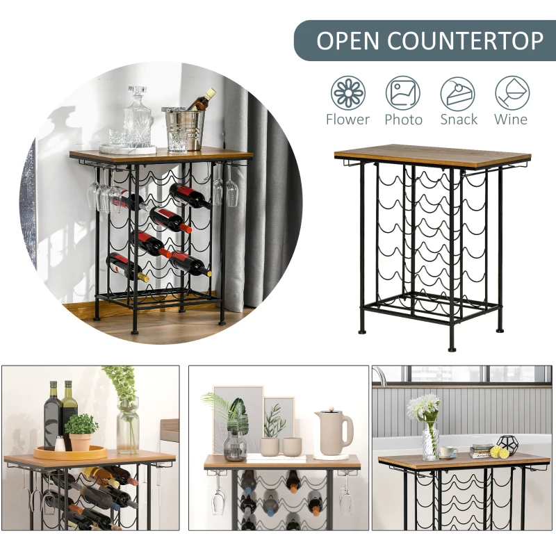 HOMCOM 24-Bottle Industrial Modern Wine Rack Table, Freestanding 6 Tier Wine Bottle Organizer with Glass Stemware Holder , Natural / Black