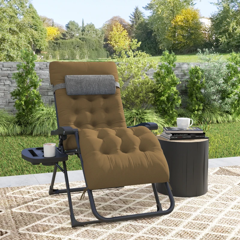 Outsunny Padded Folding Recliner Chair, Patio Lounger with Cupholder, Adjustable Backrest, Removable Cushion, Light Khaki