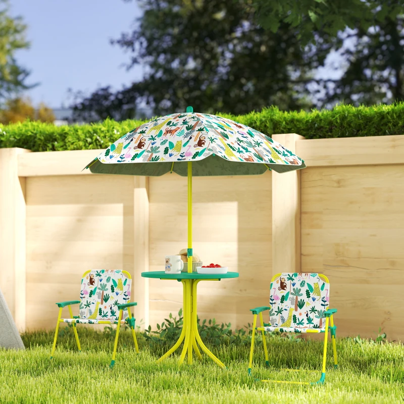 Qaba Kids Picnic Table, Kids Table and Chair Set with 2 Folding Chairs and Umbrella for Backyard, Garden, Patio, Green