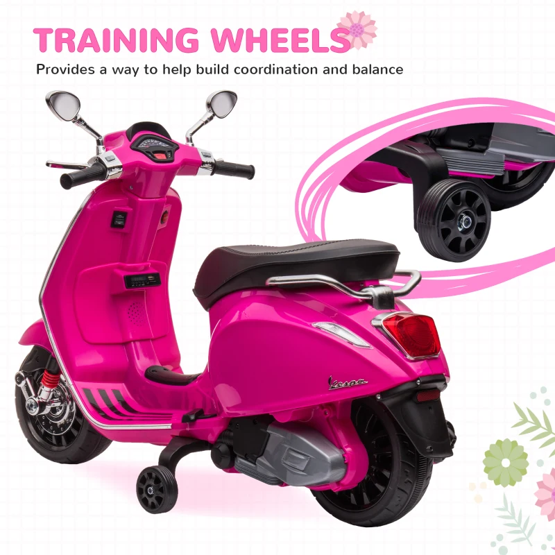 Qaba Vespa Licensed Kids Motorcycle 6V Toddler Motorcycle with Music, FM Radio, Headlight, Pink