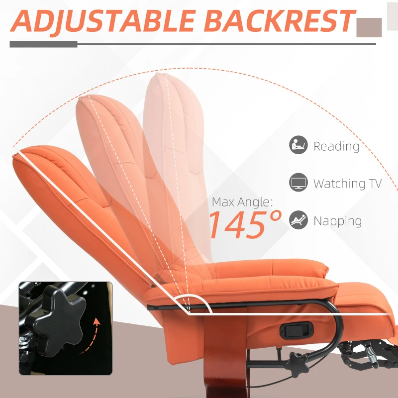 HOMCOM Air Leather Manual Recliner, Adjustable Swivel Lounge Chair with Footrest, Armrest and Wrapped Wood Base, Orange