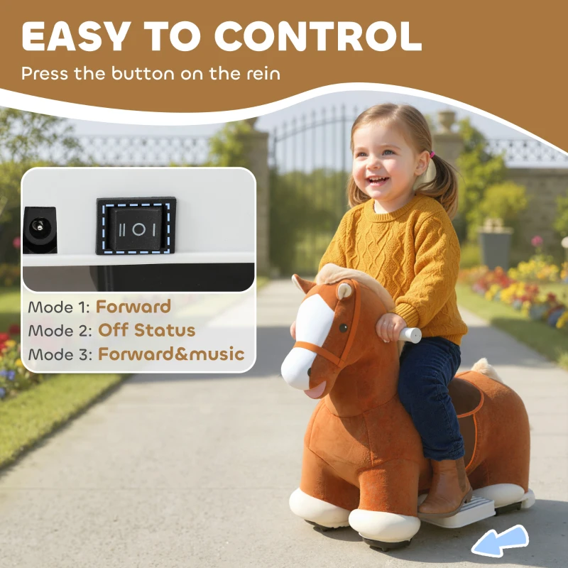 Qaba Electric Ride on Horse, Battery Powered Ride on Toy with Washable Cover and Quiet Wheels, Brown