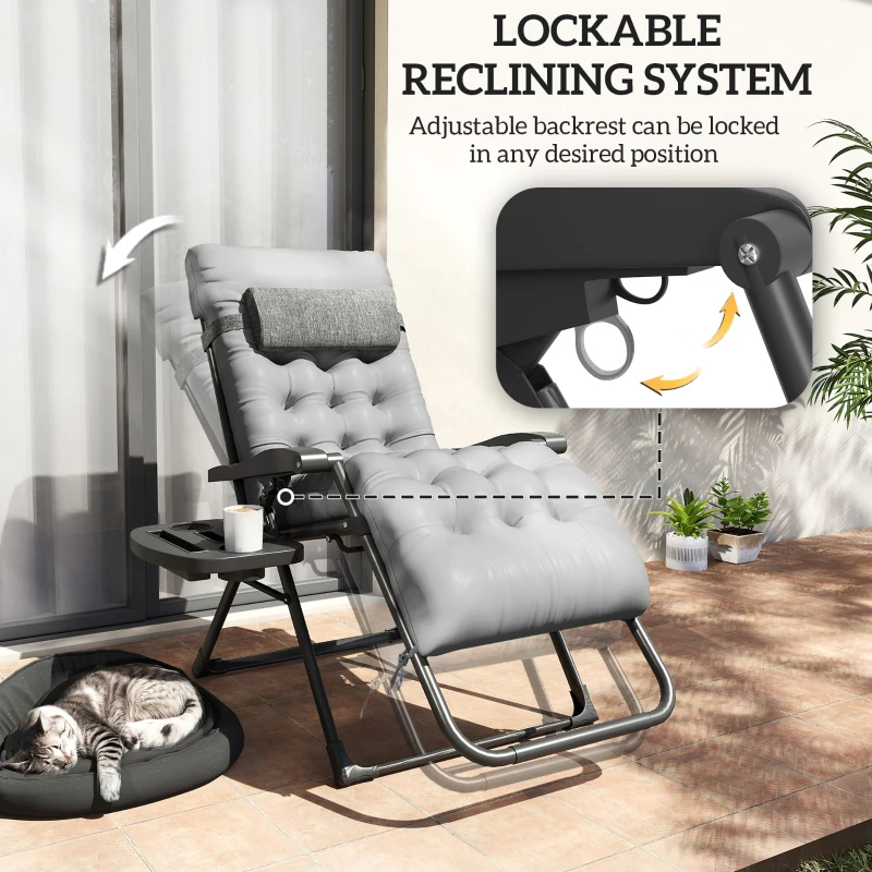 Outsunny Padded Folding Recliner Chair, Patio Lounger with Cupholder, Adjustable Backrest, Removable Cushion, Grey