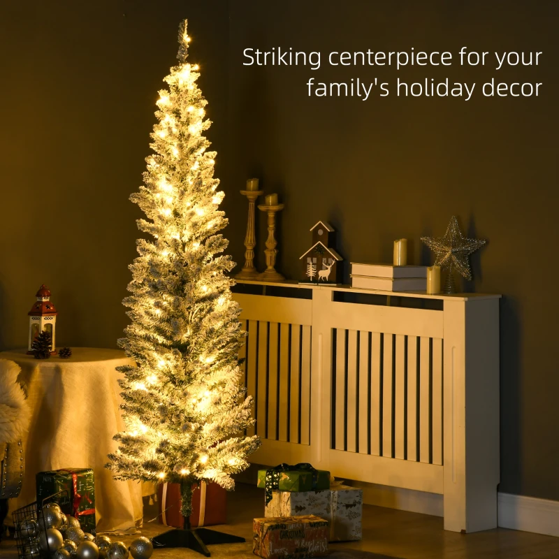 HOMCOM 6ft Pencil Christmas Tree, Slim Artificial Christmas Tree with Realistic Branches and Warm White LED Lights, Green