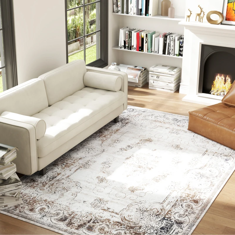 HOMCOM 9x12 Boho Area Rug, Machine Washable Carpet for Living Room, Bedroom, Dining Room, Kitchen, Home Office, Brown
