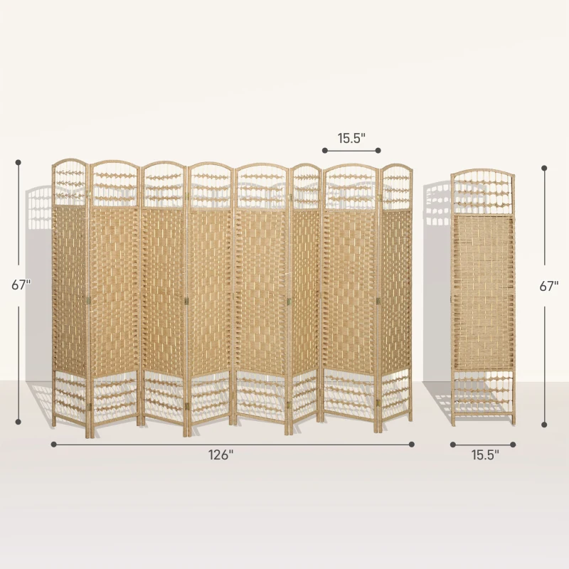 HOMCOM 8 Panel Folding Room Divider Portable Privacy Screen Wave Fiber Room Partition for Home Office Natural