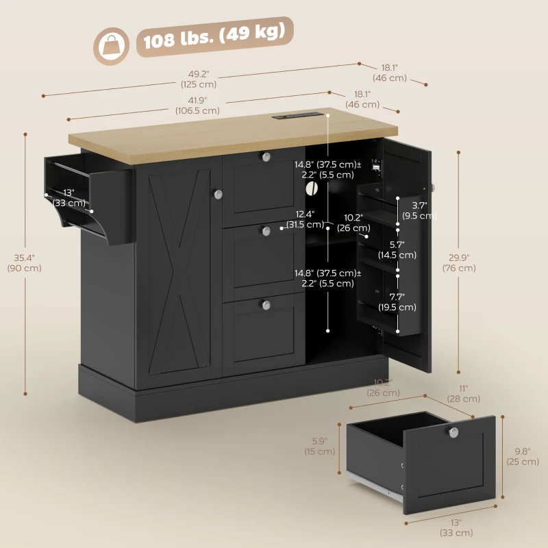 HOMCOM Farmhouse Kitchen Island Cart with Power Outlet and Soft-Close Doors, 49" Kitchen Island with 3 Drawers, Black