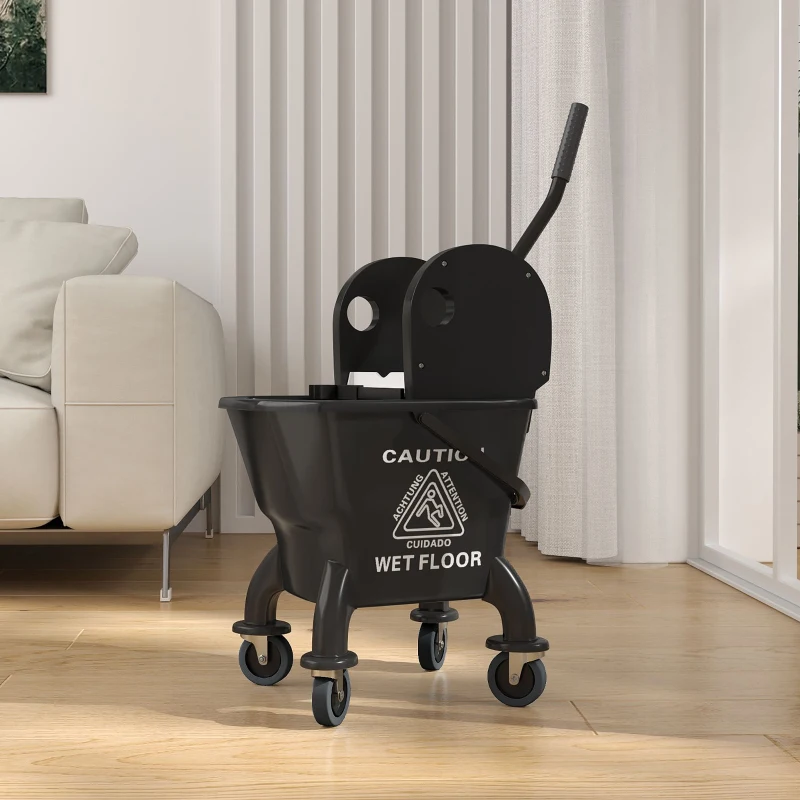 HOMCOM Mop Bucket with Wringer on Wheels for Floor Cleaning, 27.5 Quart Down Press Wringer with Handle and Mop, Black