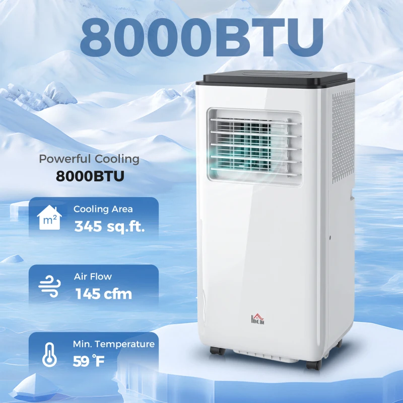 HOMCOM 8,000 BTU Moible Air Conditioner 345 Sq. Ft., Dehumidifier Fan Auto Sleep with 24H Timer On/Off, Window Kit, White