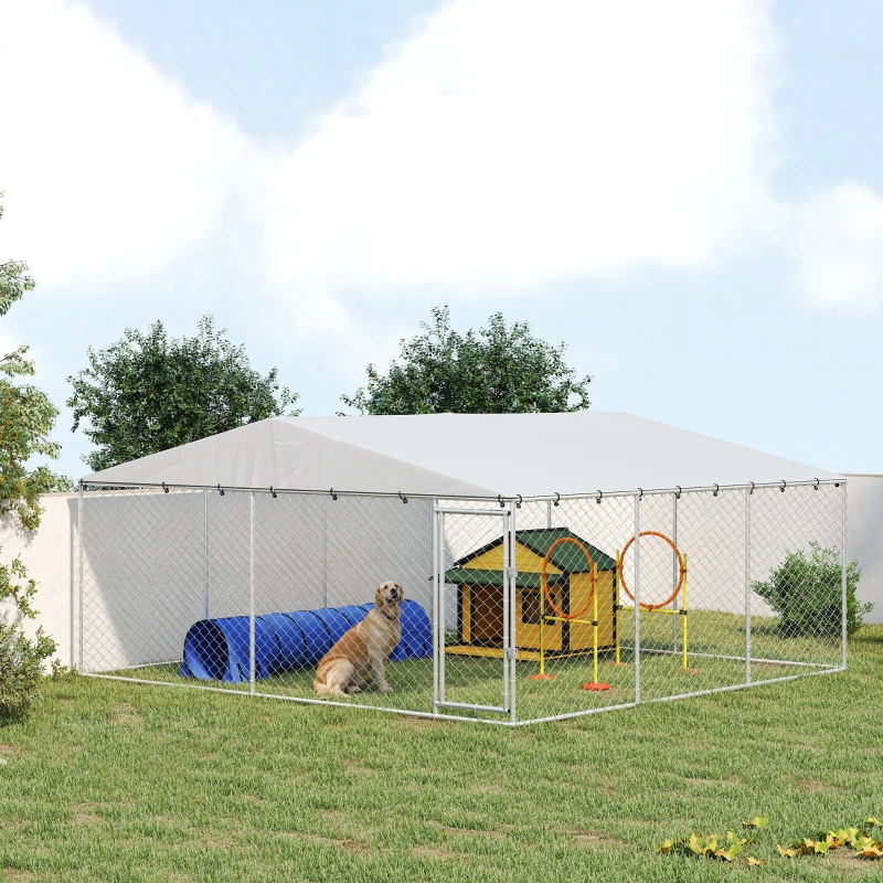 PawHut 15' x 15' x 7' Dog Kennel Outdoor for Small Medium Large Dogs with Waterproof Roof, Silver
