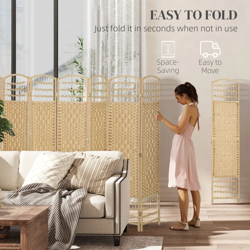 HOMCOM 8 Panel Folding Room Divider, Portable Privacy Screen, Wave Fiber Room Partition for Home Office, Natural