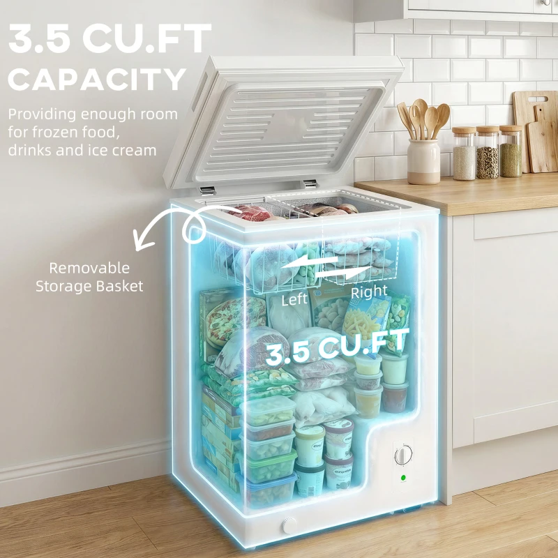 HOMCOM Mini Freezer, 3.5 Cu.Ft Chest Freezer with 5-Setting Adjustable Thermostat, Wire Basket, Quiet Operation, White