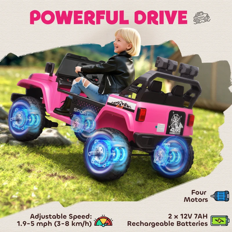 Qaba Ride on Truck Car with 2-Seater, 24V Electric Car with 4 Motors, Remote Control, Spring Suspension for 3-8 Years, Pink