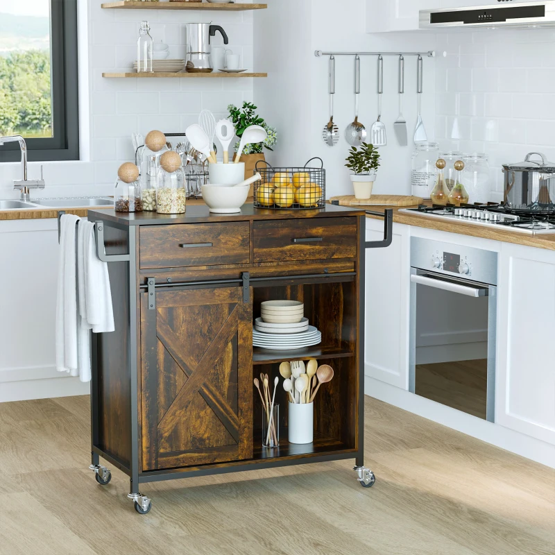 HOMCOM Rolling Kitchen Island Cart with Adjustable Shelf, Rustic Brown