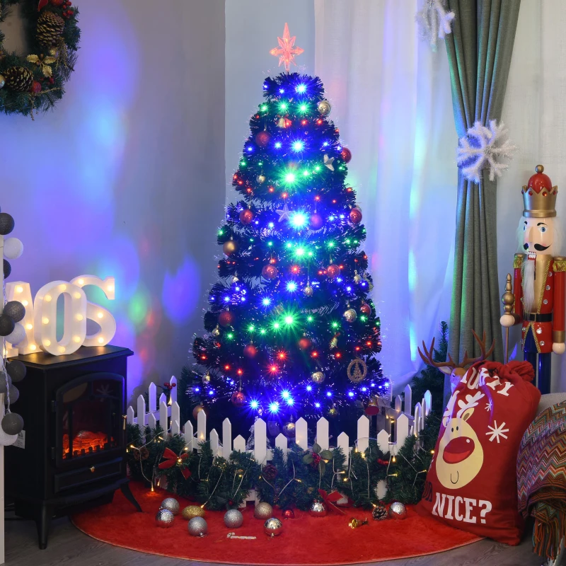 HOMCOM 5ft Prelit Artificial Christmas Tree with LED Lights, Multicolored Fiber Optics and Realistic Branch Tips, Black