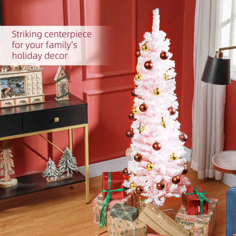 HOMCOM 5ft Flocked Christmas Tree, Pencil Christmas Tree with Realistic Branch Tips, Folding Metal Stand, Pink