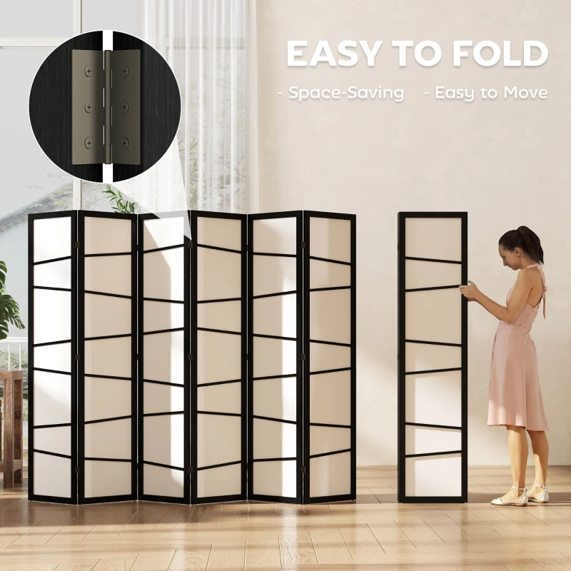 HOMCOM 66.9" Folding Room Divider, 6 Panel Wall Partition with Wood Frame for Bedroom, Home Office, White