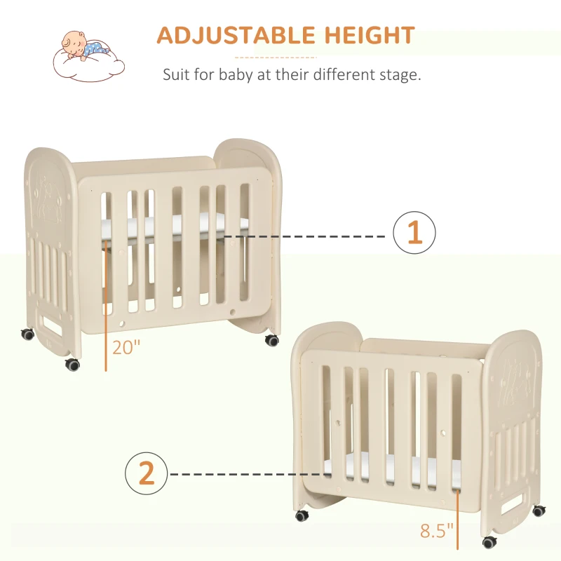 Qaba Convertible Baby Crib Bassinet Cradle with Adjustable Height, 4 Detachable Lockable Wheels, Mattress, White