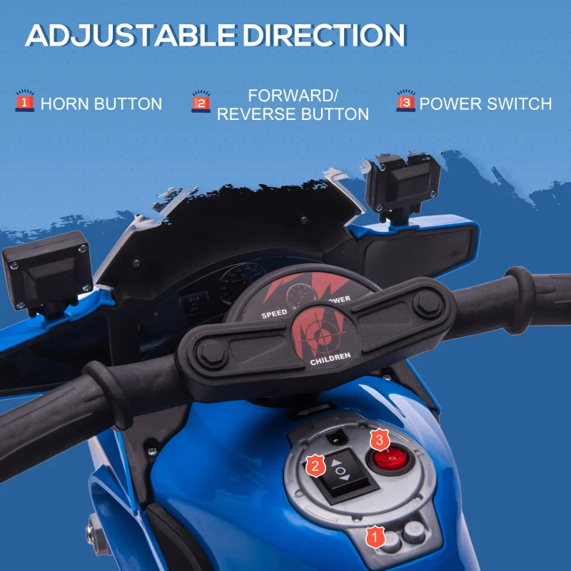 Aosom 6V Kids Motorcycle Police Electric Ride-On Dirt Bike Off-road Street Bike Battery Powered Rechargeable Horn Headlights Training Wheels Realistic Sounds for Girls and Boys 18 - 36 months Blue