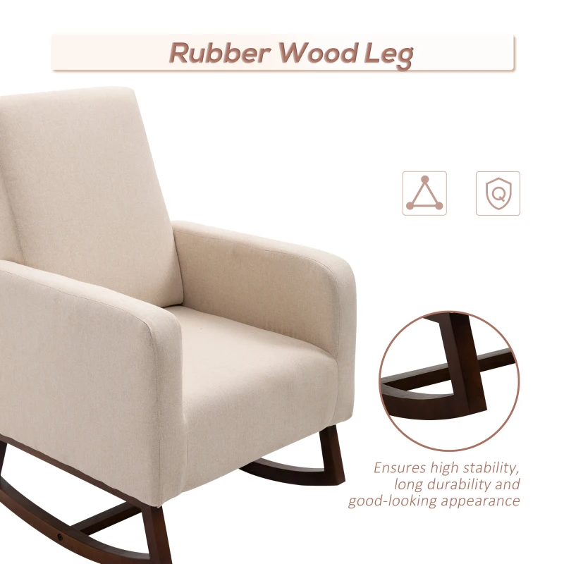 HOMCOM Accent Lounge Rocking Chair with Solid Curved Wood Base and Linen Padded Seat, Cream White