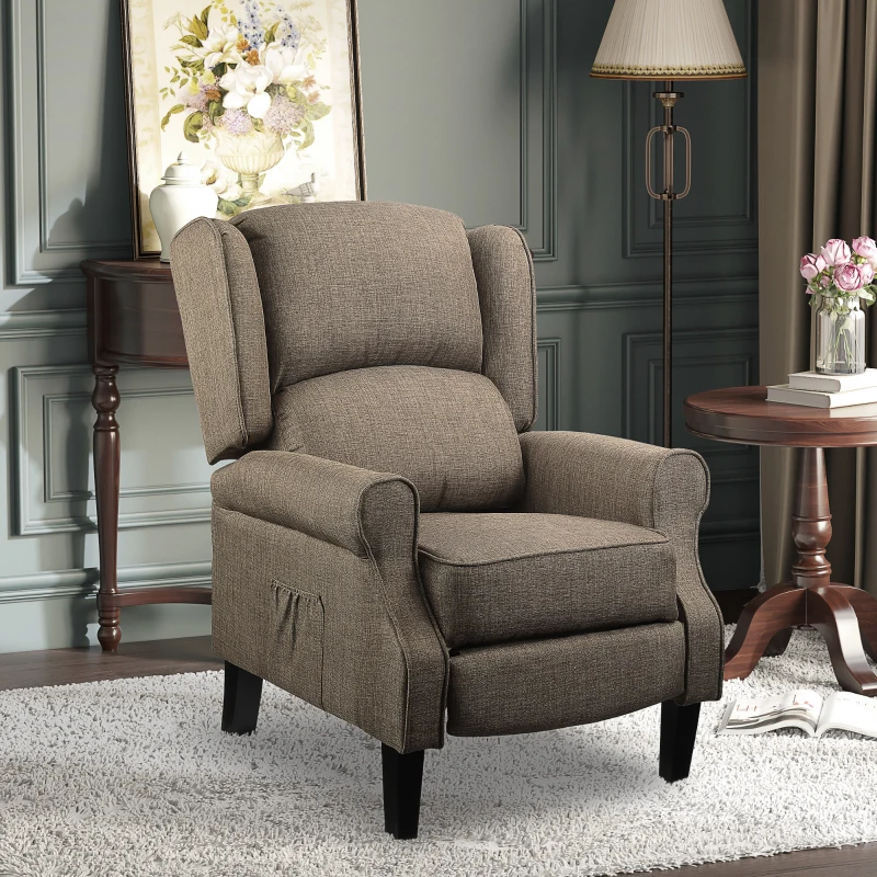 HOMCOM Vibration Massage Recliner Chair for Living Room with Heat,  Wingback Single Sofa, Modern Linen Fabric Push Back Reclining Chair with Footrest, Side Pocket, Brown
