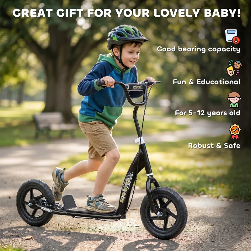 HOMCOM Adjustable Kids Pro Stunt Scooter Children Street Bike Bicycle Ride On with 12” Tire (Black)