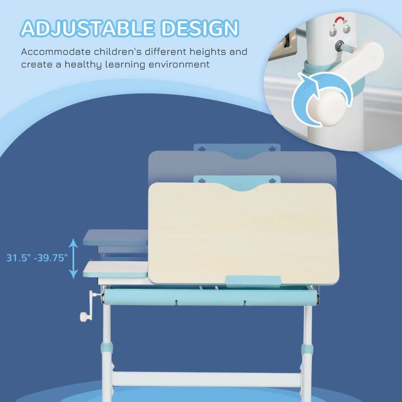 Qaba Kids Desk, Height Adjustable Children School Study Table, Student Writing Desk with Tilt Desktop, Drawer, Reading Board, Blue