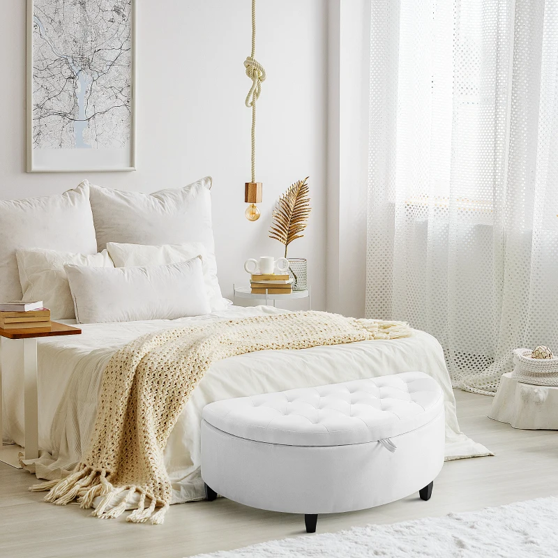 HOMCOM Half Moon Storage Ottoman, Upholstered Button Tufted Storage Bench with Lift Lid and Wood Legs, for Living Room, Entryway, White