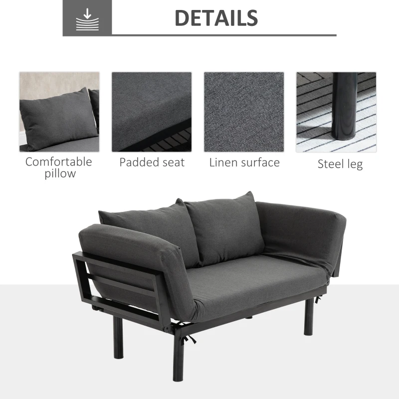 HOMCOM Single Person Chaise Lounger, Modern Sofa Bed with 5 Adjustable Positions, 2 Large Pillows, and Birch Legs, Charcoal Grey